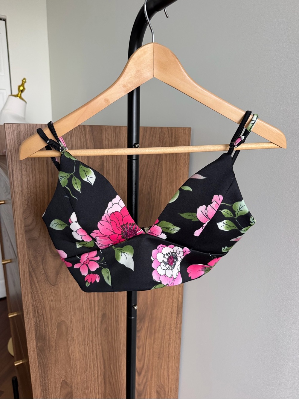 Revamped Black & Pink Floral Print V-Neck Cropped Bustier Crop Top Size S